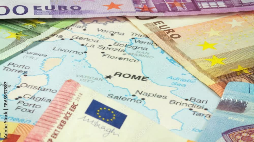 Italian economy, euro banknotes and map of Italy