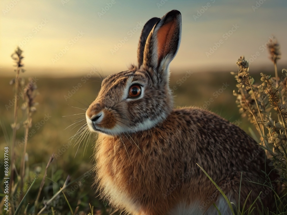 Fototapeta premium close-up of a hare in a meadow at sunset