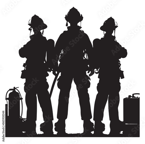 Firefighters pose silhouette full body black color only.