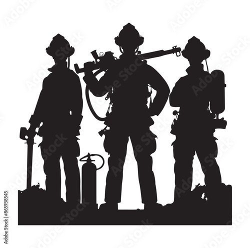 Firefighters pose silhouette full body black color only.