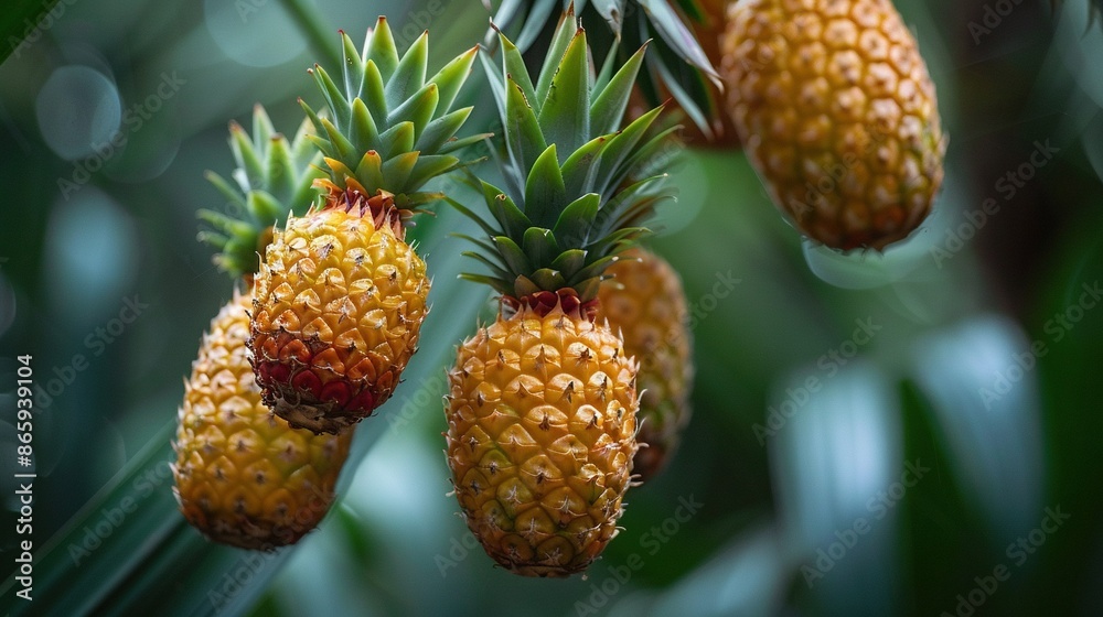 A cluster of pineapples dangling from a tree, adorned with droplets of water on their peak A cluster of pineapples dangling from a tree, adorned with droplets of water on their peak