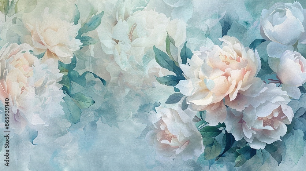 Fototapeta premium Dreamy Floral Background. Soft Pink and White Peonies in Watercolor