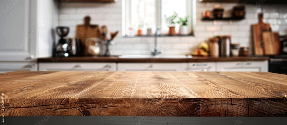 Blurry kitchen counter with a wooden tabletop Blurry kitchen counter with a wooden tabletop