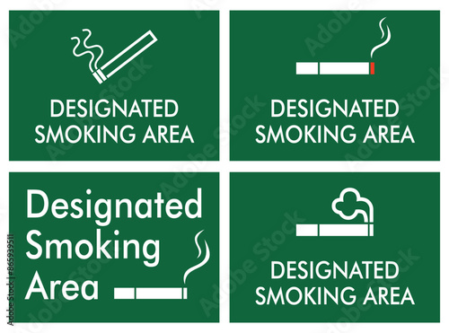 designated smoking area smoke permitted sign set illustration with text and white outline and green background