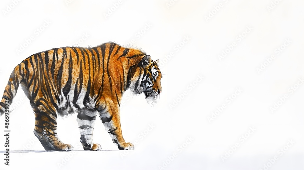 Obraz premium Side view, profile of a tiger standing, isolated on white. 