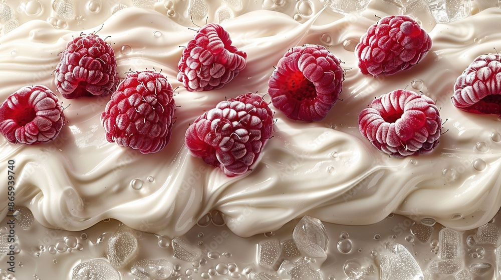 A close-up of a cake with raspberries on white frosting and icing on a table A close-up of a cake with raspberries on white frosting and icing on a table