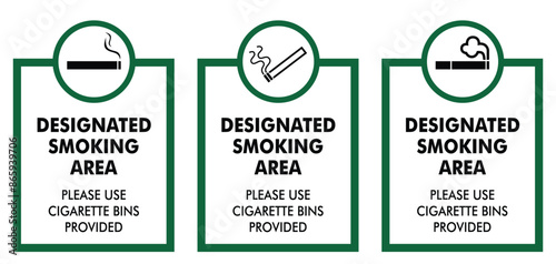 designated smoking area smoke permitted sign set illustration with text, green outline and white background