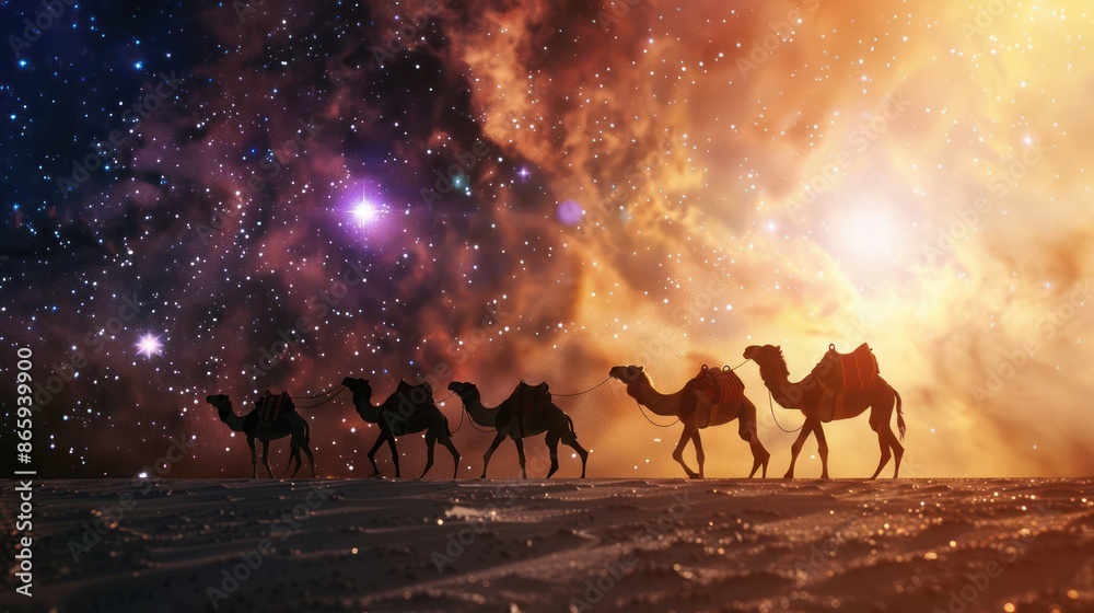 silhouette camels walking on the desert at night on background space and nebula silhouette camels walking on the desert at night on background space and nebula