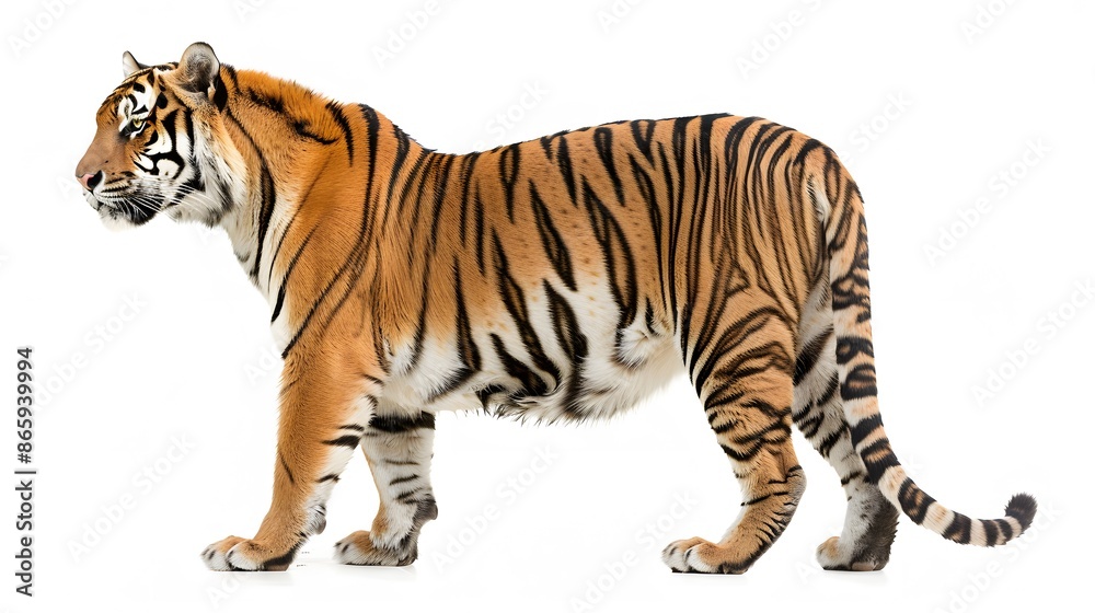 Obraz premium Side view, profile of a tiger standing, isolated on white. 