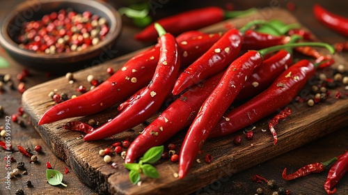   A red pepper pile sits on a wooden cutting board alongside a pepper flake bowl