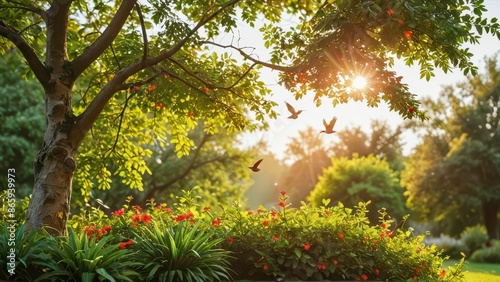 Birds in Flight Through Summer Sun.