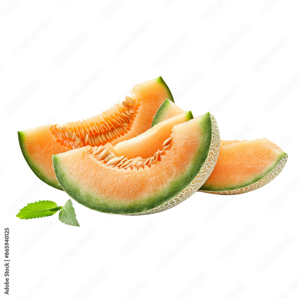 Freshly Cut Cantaloupe Melon Slices With Green Leaves Freshly Cut Cantaloupe Melon Slices With Green Leaves