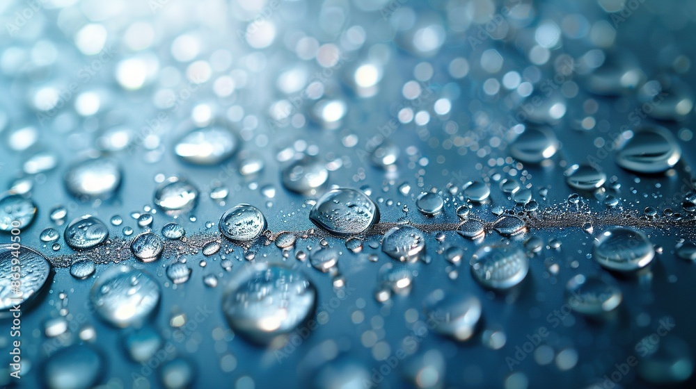 Drops of water on a blue surface with two green stems extending from the middle Drops of water on a blue surface with two green stems extending from the middle