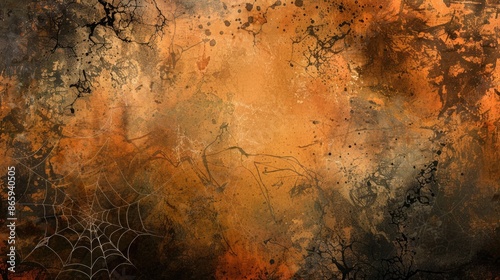 Eerie Halloween Abstract Background with Dark Orange Textures, Ghostly Patterns, and Green Slime Accents