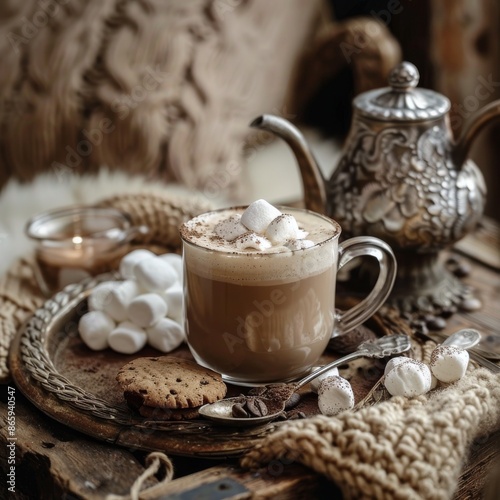 Steaming Cup of Coffee With Marshmallows and Cookies on a Rustic Tray