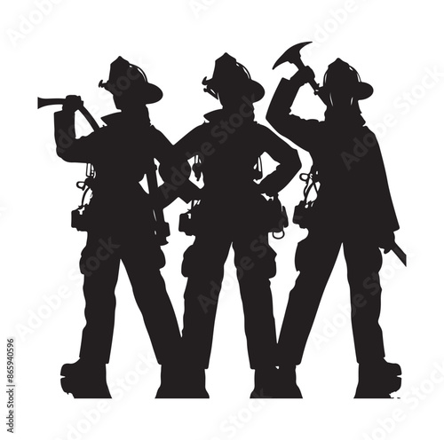 Firefighters pose silhouette full body black color only.