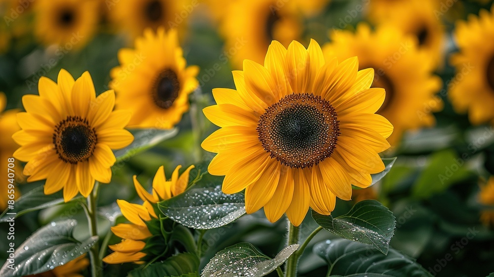 A sunny yellow field of sunflowers, with droplets glistening on their petals and a lush green plant in the foreground A sunny yellow field of sunflowers, with droplets glistening on their petals and a lush green plant in the foreground