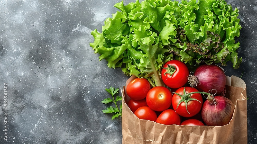 A table with a gray background holds a bag full of tomatoes, lettuce, onions, and lettuce A table with a gray background holds a bag full of tomatoes, lettuce, onions, and lettuce