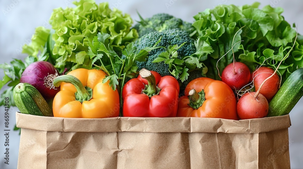 A brown paper bag brimming with diverse fruits & veggies on a wooden tabletop A brown paper bag brimming with diverse fruits & veggies on a wooden tabletop