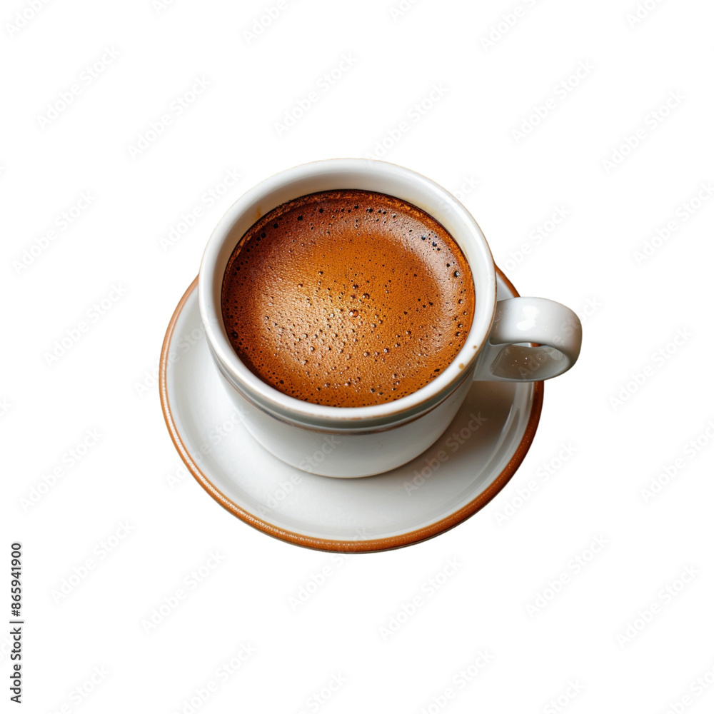Top View of a White Ceramic Cup of Espresso With Crema on a White Saucer Top View of a White Ceramic Cup of Espresso With Crema on a White Saucer
