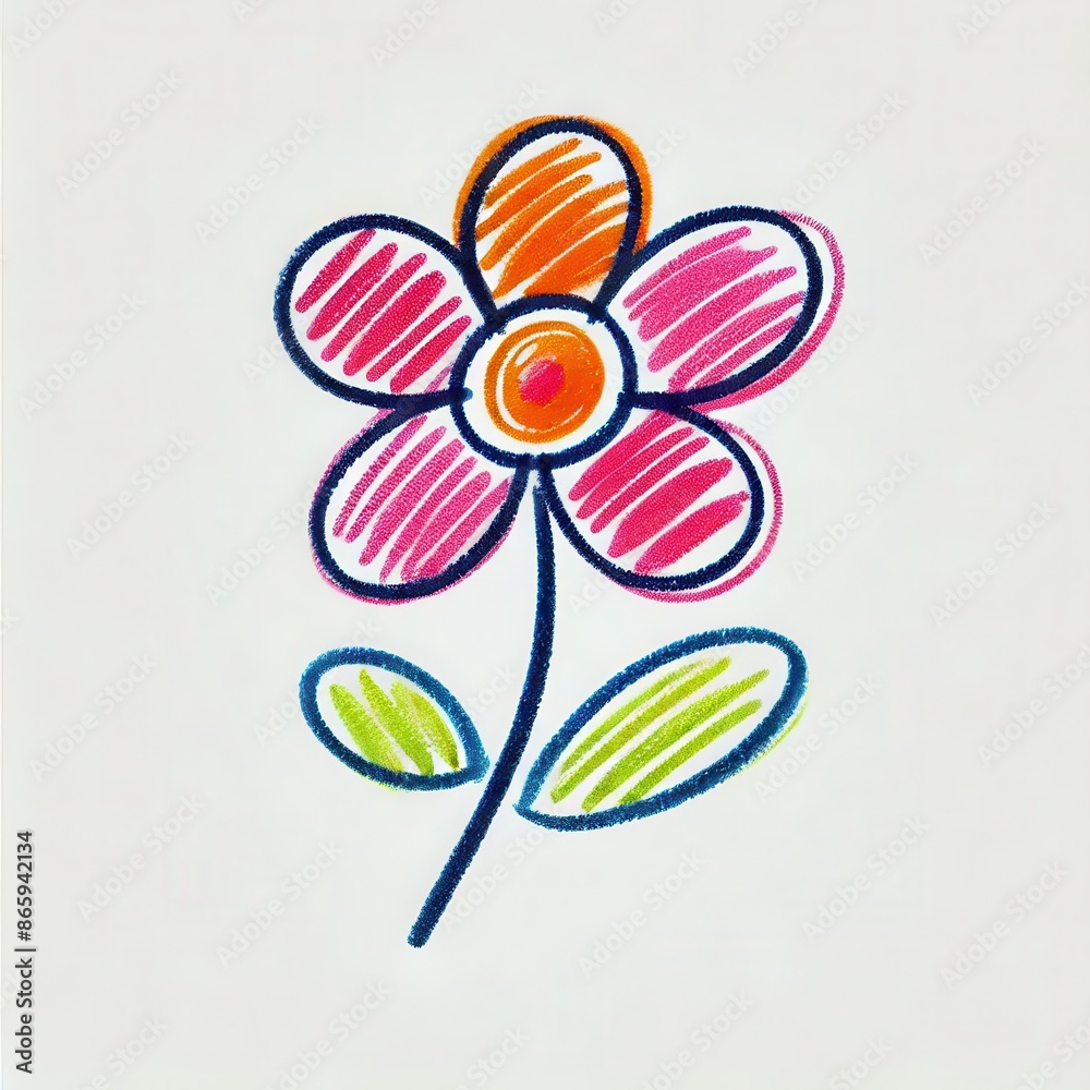 A simple hand-drawn Color flower with pink petals, green leaves, and a yellow center. A simple hand-drawn Color flower with pink petals, green leaves, and a yellow center.