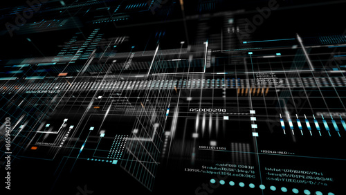Futuristic background with digital data code and HUD elements. Perfect for text titles and horizontal displays.