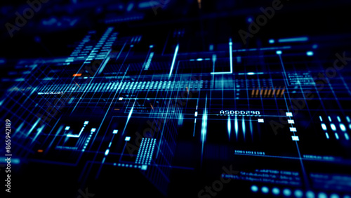 Futuristic background with digital data code and HUD elements. Perfect for text titles and horizontal displays.