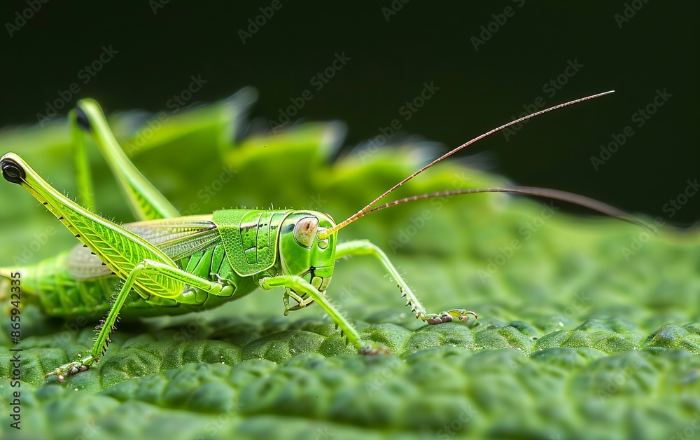 Close-up of a vibrant green grasshopper sitting on a leaf, showcasing detailed texture and vibrant colors against a dark background. Close-up of a vibrant green grasshopper sitting on a leaf, showcasing detailed texture and vibrant colors against a dark background.