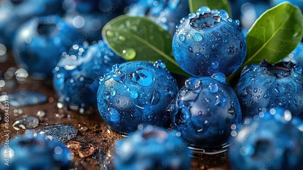 Blueberries on table amidst rain-kissed greenery Blueberries on table amidst rain-kissed greenery