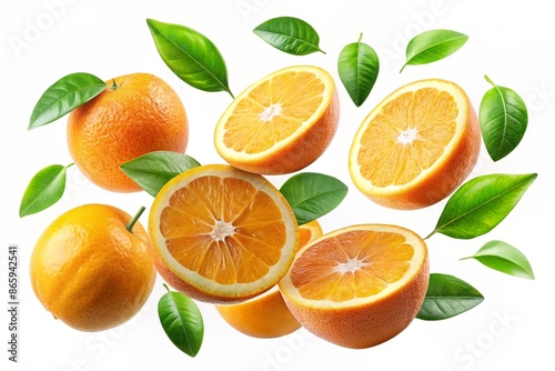 Oranges with half slices falling or floating