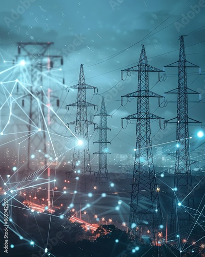 Futuristic power grid concept with electrical towers and digital connections symbolizing energy distribution and smart technology integration.