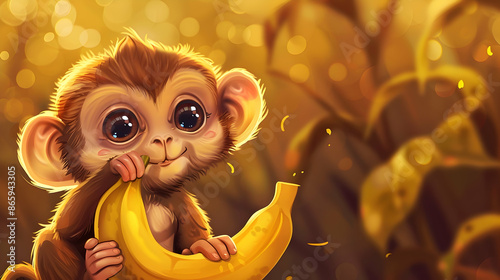 a monkey with brown hair and blue and black eyes holds a ripe yellow banana in its hand, while its pink ear peeks out from behind its head photo