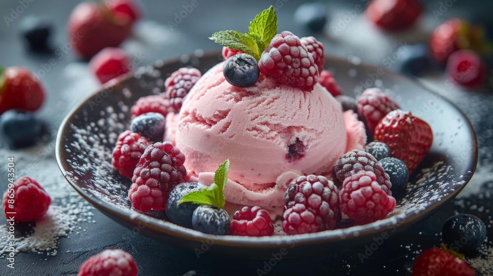 Bowl with pink berry ice-cream balls. Decorated with raspberry, blackberry and mint Bowl with pink berry ice-cream balls. Decorated with raspberry, blackberry and mint