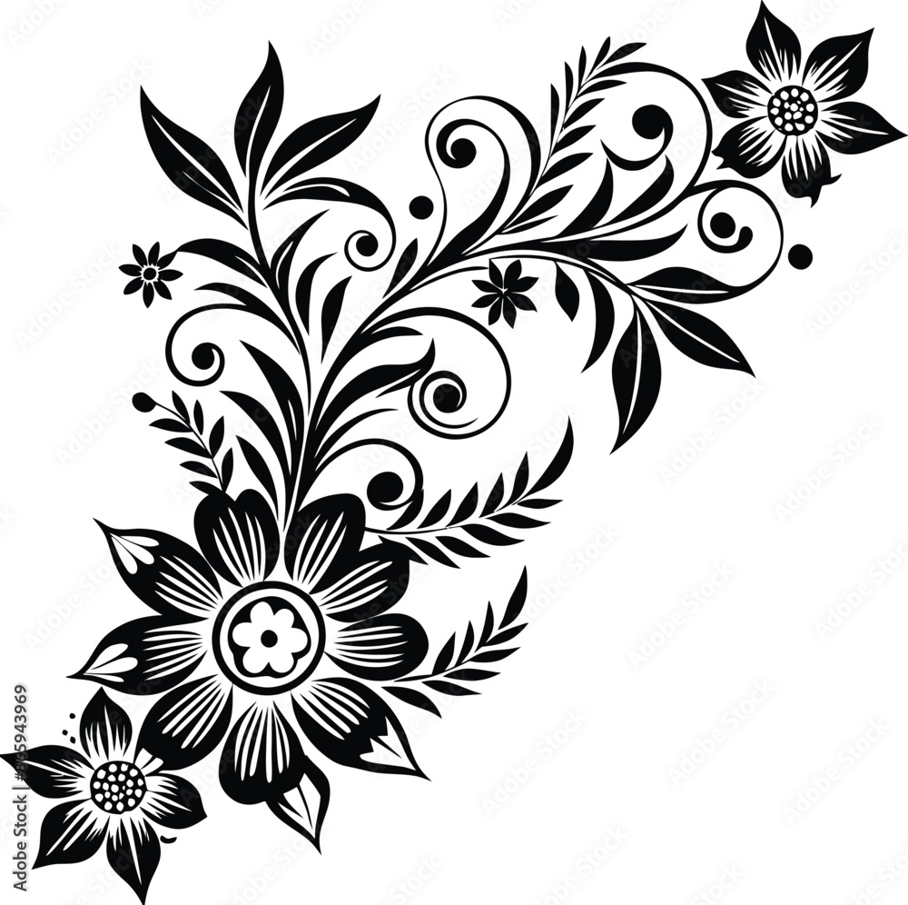 Hand drawn corner decorative floral swirls silhouette Hand drawn corner decorative floral swirls silhouette