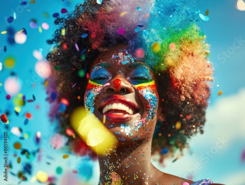 Happy black drag queen celebrating pride. African american woman in rainbow afro clown wig & glitter makeup celebrating LGBTQ+ at pride parade. Gay man in fancy dress. Summer, blue sky, copy space © Johannes