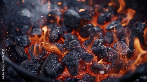 Close up of burning coal in brazier empty space