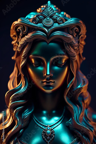 closeup goddess marble statue, antique, dark mysterious background, mystical neon glow, beautiful detailed dace, elegant posture, photorealistic, highly detailed, 8k, cinematic lighting, dramatic shad