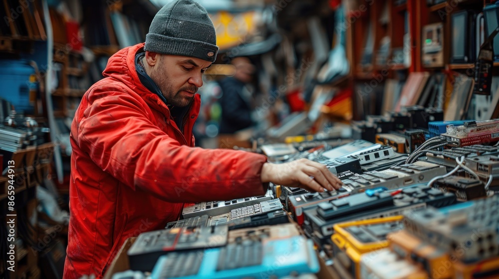 Man Browsing Through Electronics at a Flea Market Man Browsing Through Electronics at a Flea Market