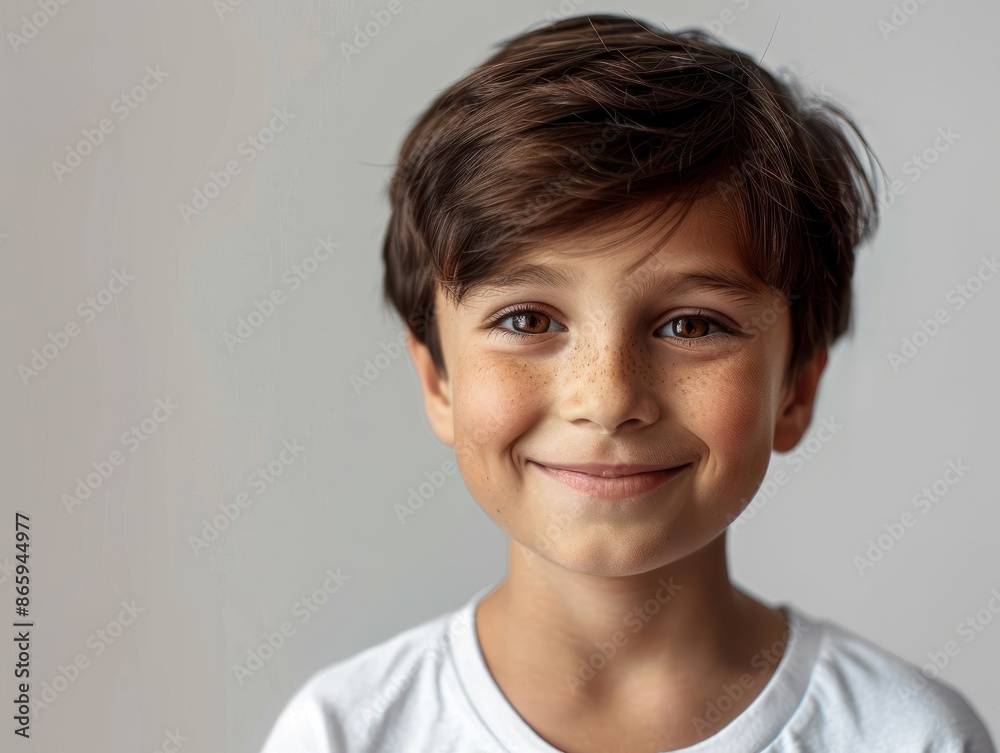 Portrait of a boy dark hair with brown eyes in a white T shirt smiling. Creative banner. Copyspace image Portrait of a boy dark hair with brown eyes in a white T shirt smiling. Creative banner. Copyspace image
