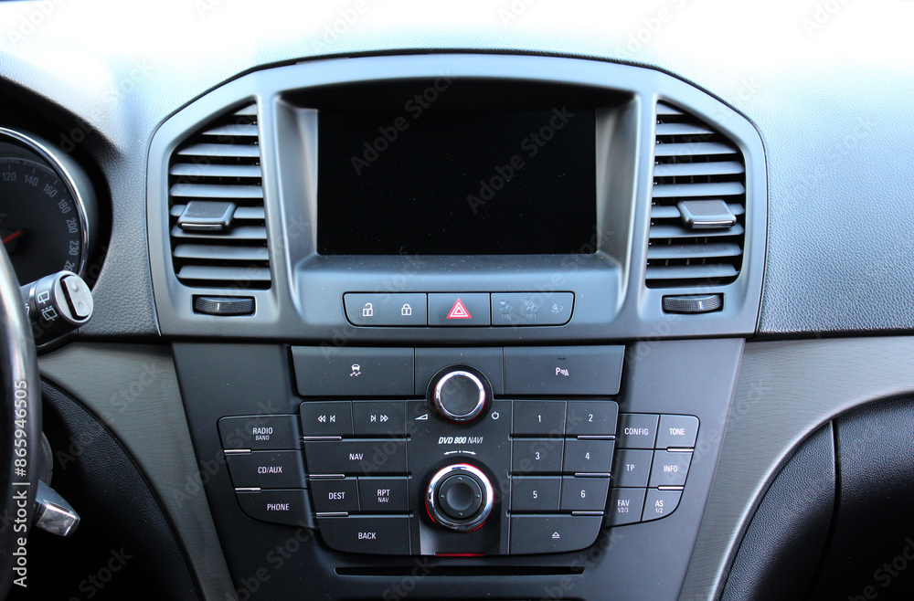 Car Touch screen multimedia with black screen. Screen multimedia system in a modern car. Car dashboard with multimedia touch screen. Modern car interior. Car Touch screen multimedia with black screen. Screen multimedia system in a modern car. Car dashboard with multimedia touch screen. Modern car interior.