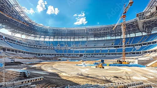 expansive stadium under construction with machinery and cranes, large-scale building