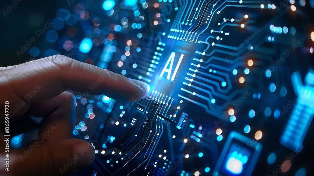 Close-up of a human finger pointing at an AI icon on a futuristic blue circuit board, representing technology and artificial intelligence.