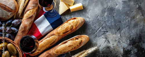 Bastille Day background, Top View of French Flag, Baguette, and Wine on Grey Stone Table with Copy Space - French Cuisine Concept Banner photo