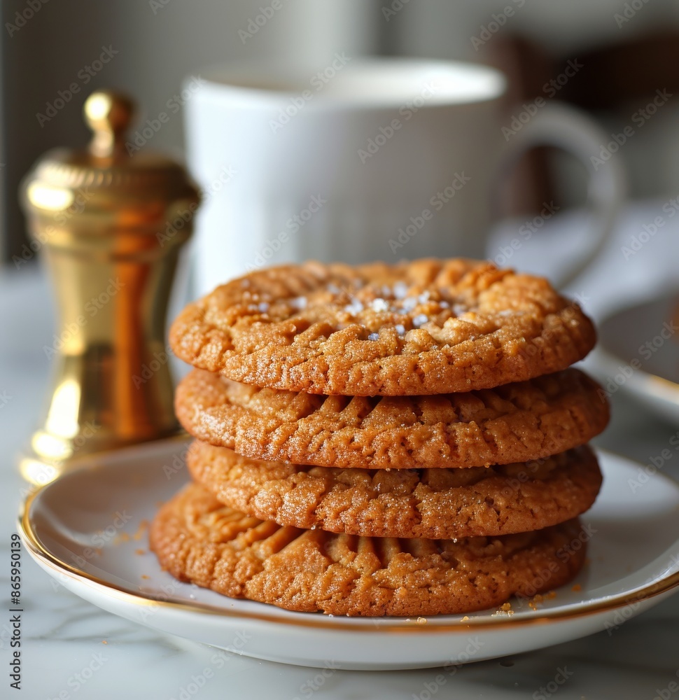 Closeup of a Stack of Four Peanut Butter Cookies on a White Plate Closeup of a Stack of Four Peanut Butter Cookies on a White Plate