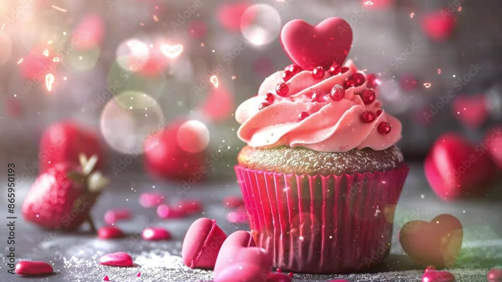 valentines day cupcake with strawberry and heart ornament seamless looping overlay 4k virtual video animation background valentines day cupcake with strawberry and heart ornament seamless looping overlay 4k virtual video animation background