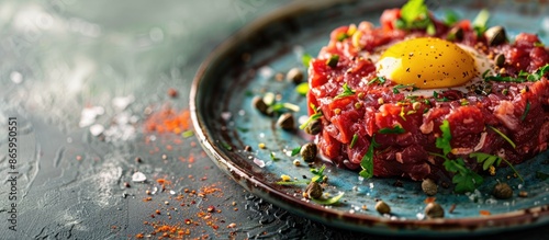 Stylish gourmet tartare made from raw beef fillet with egg and capers, showcased in close-up on an artistic plate with space for text
