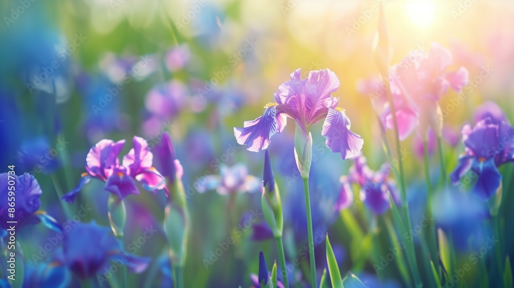 iris flowers close up, Afternoon time, whimsical and Idyllic nature. vibrant with high resolution photography, copy space for text banner background iris flowers close up, Afternoon time, whimsical and Idyllic nature. vibrant with high resolution photography, copy space for text banner background