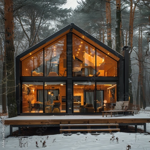 Modern cabin with large glass windows in a snowy forest, featuring warm interior lighting and a cozy ambiance. © KanitChurem