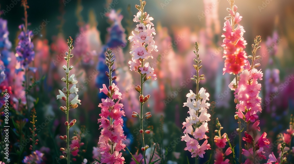 Obraz premium larkspur flowers close up, Afternoon time, whimsical and Idyllic nature. vibrant with high resolution photography, copy space for text banner background