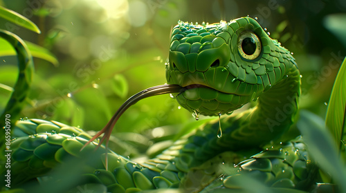 a green snake emerges from the foliage, its mouth open in excitement photo